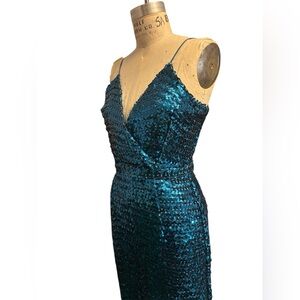 Vintage 70s-80s Teal Sequin Lame Maxi Party Cocktail Dress 0/2
